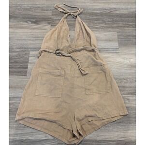 Free People Women Romper Linen Jumpsuit 10 Brown Halter Tie Waist Pockets Summer
